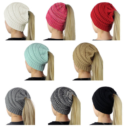Ponytail Beanie Women's Ribbed Winter Messy Bun Cable Warm Soft Knit Hat Cap